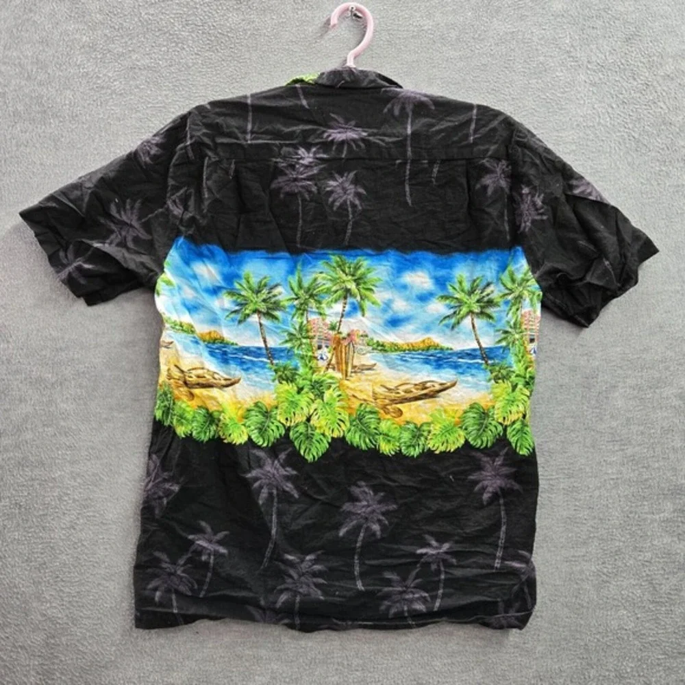 VINTAGE Blue Hawaii Men Button Up Shirt‎ S Black Palm Trees Beach Scene 90s USA